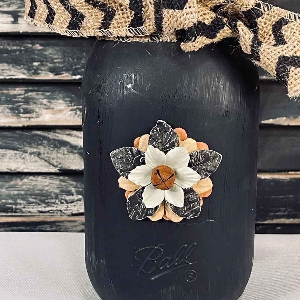 Hand-Painted Matte Black Quart Mason Jar with Chevron Burlap Ribbon & 3D Flowers